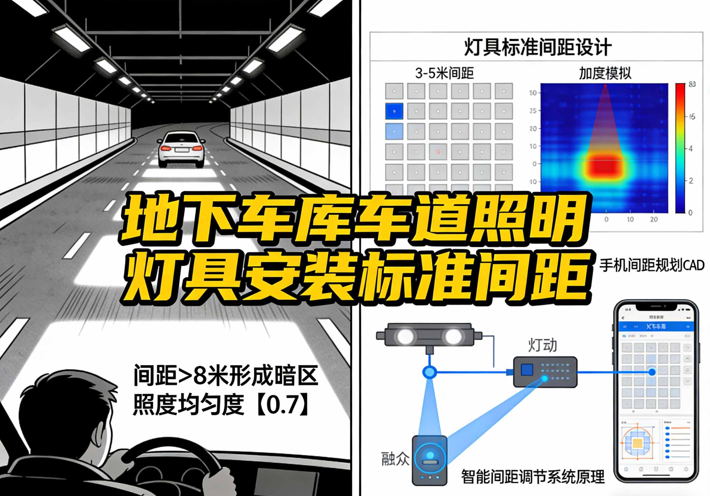车道照明灯具交错布置与间距计算图示