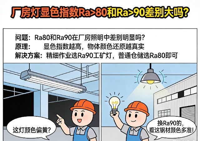 厂房灯显色指数Ra80和Ra90色彩还原对比示意图