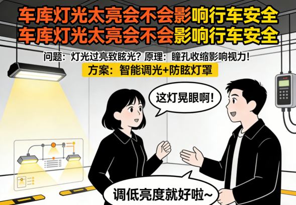 车库强光眩光影响行车视线实拍图 灯光过亮问题