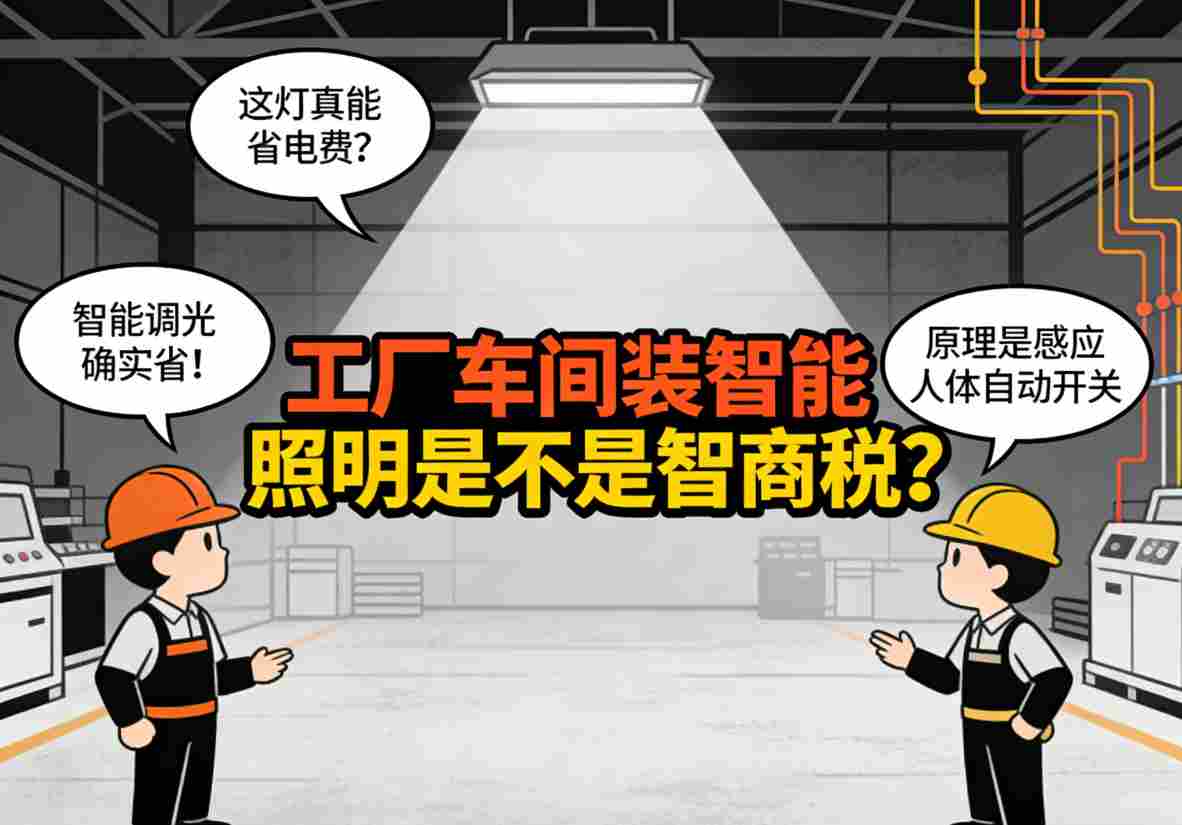 工厂老板对车间智能照明表示怀疑和讨论场景