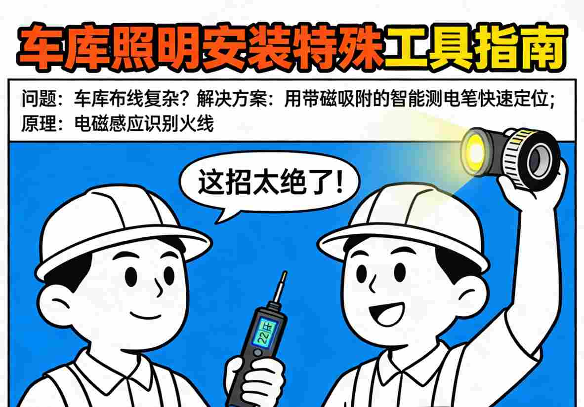 电工使用专业工具安装车库LED灯具 接线细节