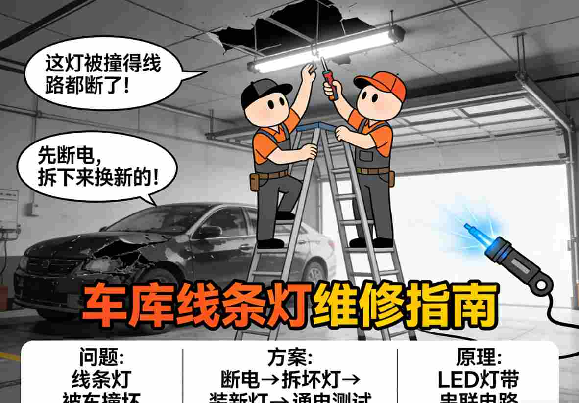 被车辆撞坏的车库线条灯现场照片 灯具破损电线裸露