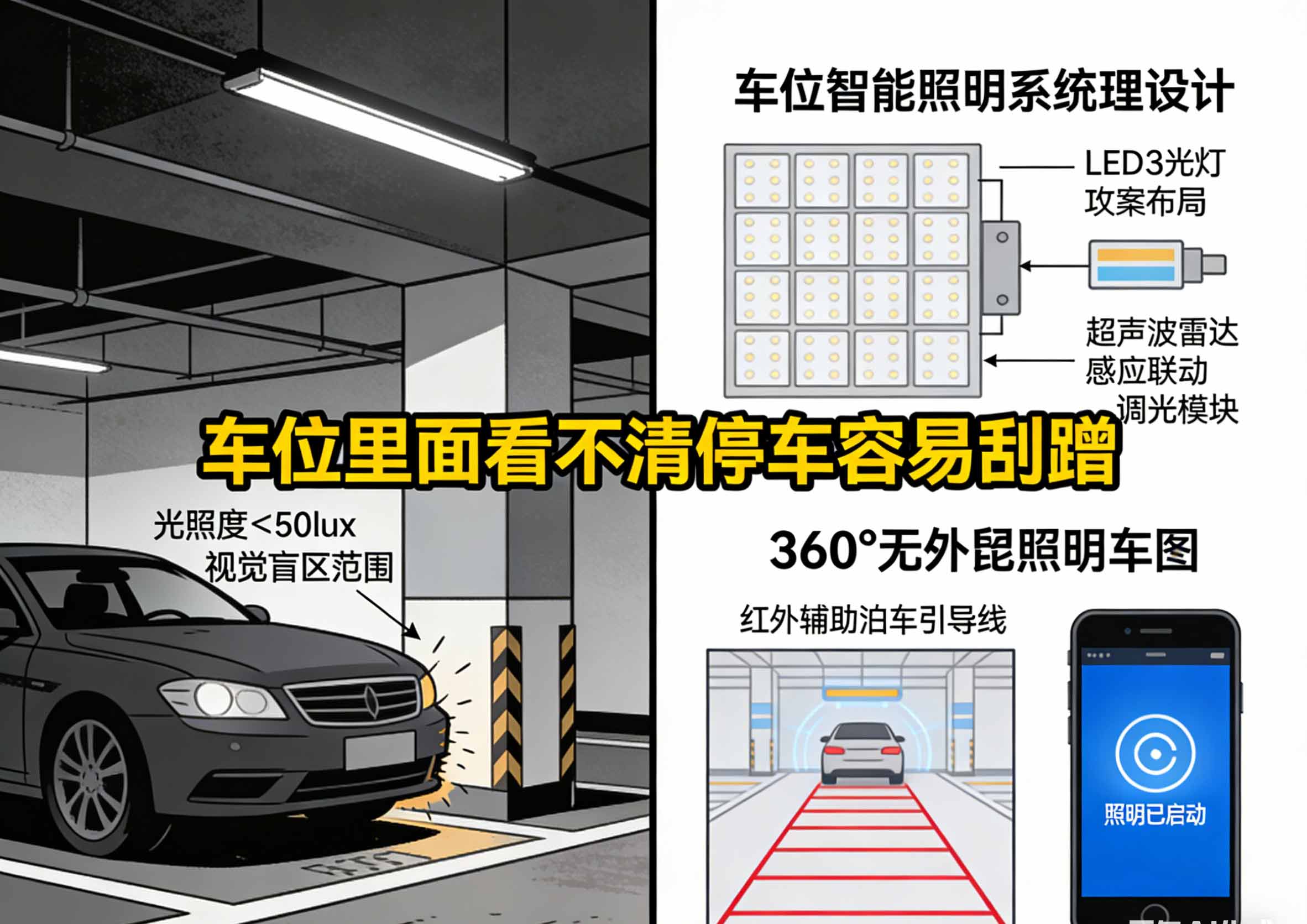 地下车位照明不足导致停车困难场景图