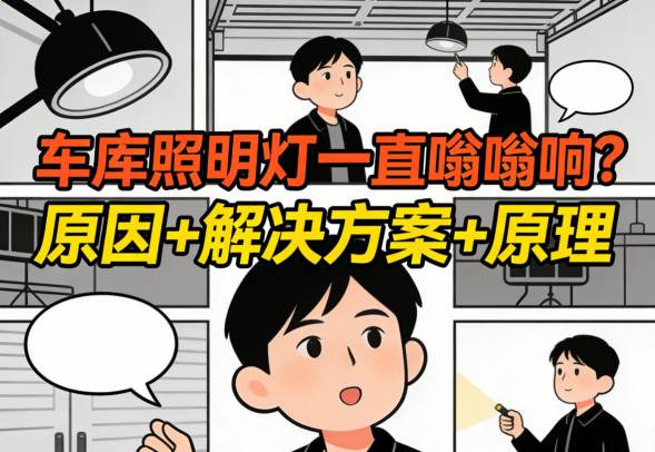 发出嗡嗡声的车库照明灯特写 灯具内部可能存在问题