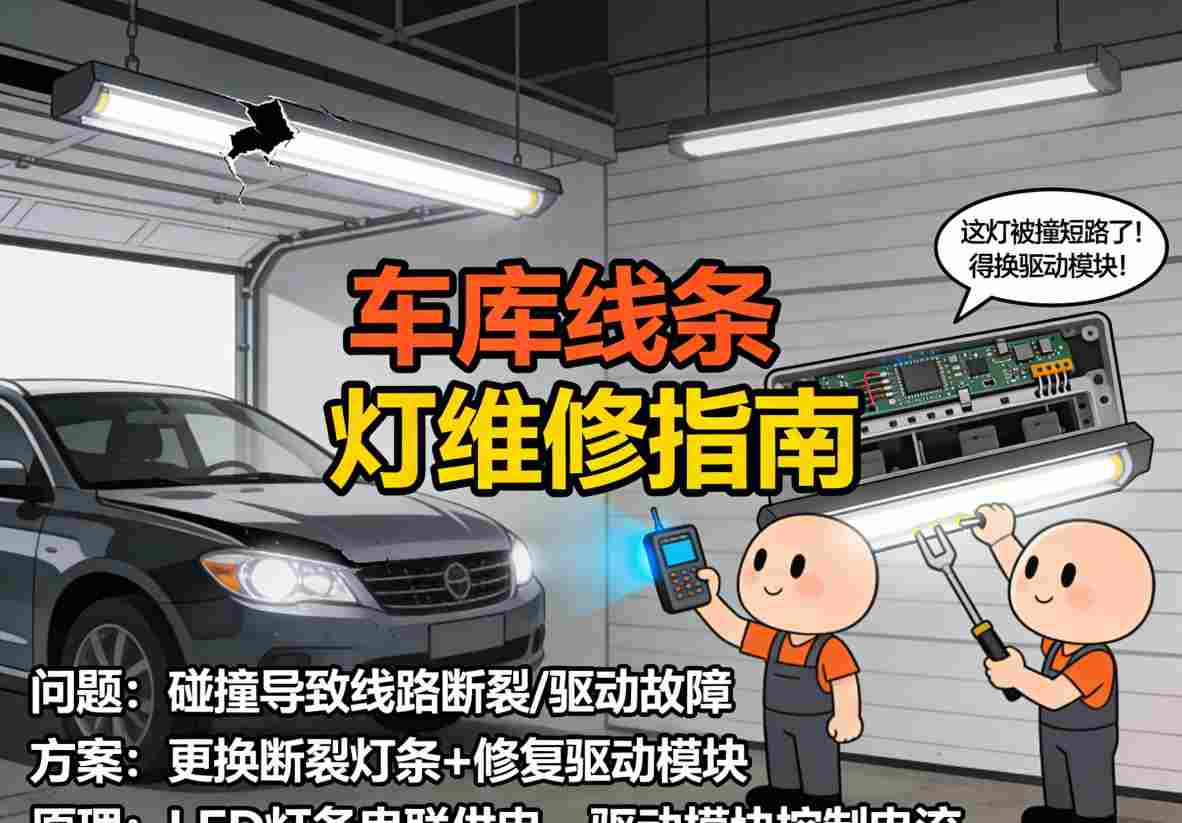 修复完成的车库线条灯效果 明亮整洁的车库环境