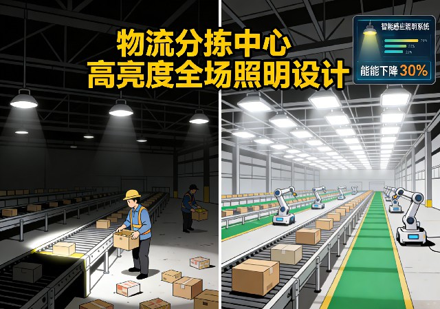 物流分拣中心高亮度全场照明设计实景图