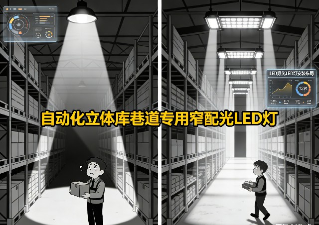 自动化立体库巷道内部照明实景，窄光束精准照射