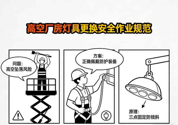 高空厂房灯具更换作业现场安全警示图