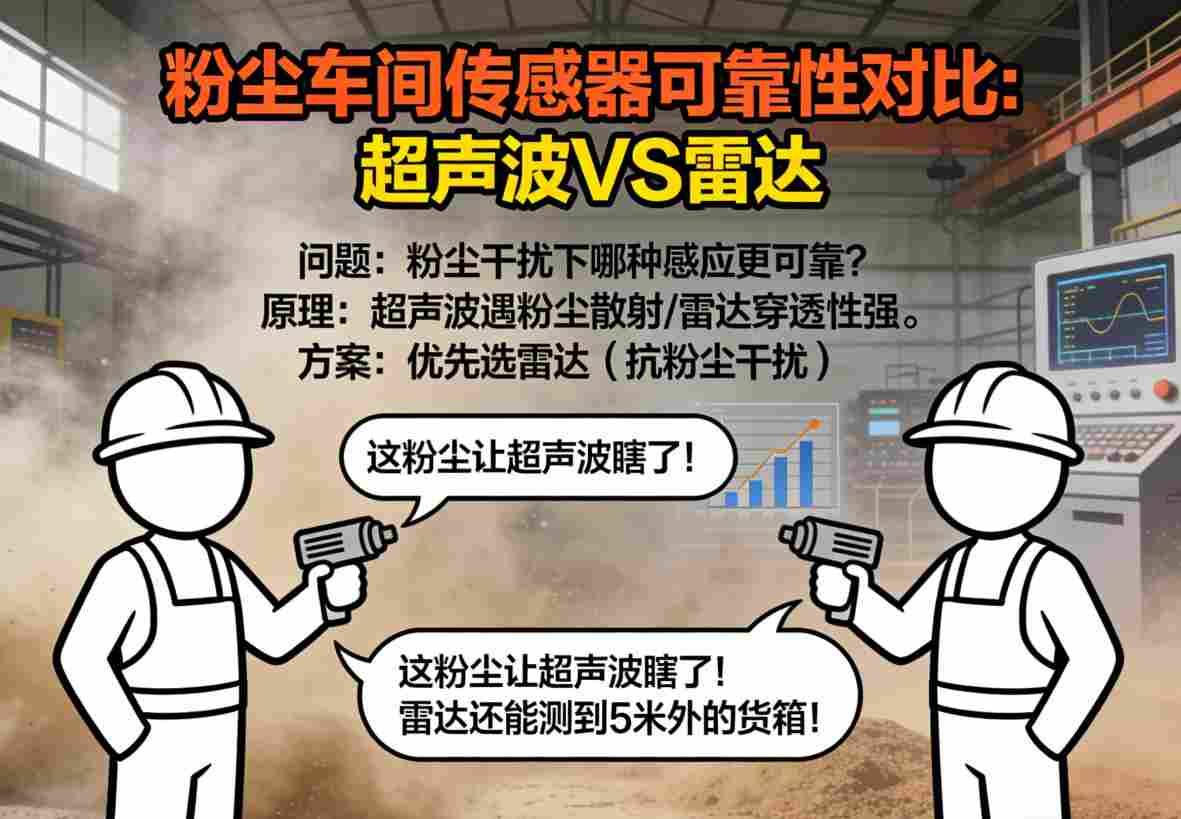 粉尘弥漫的工业车间环境实景，展示传感器面临的严峻挑战