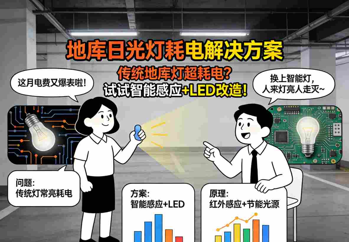 传统地库日光灯改造前昏暗耗电实拍