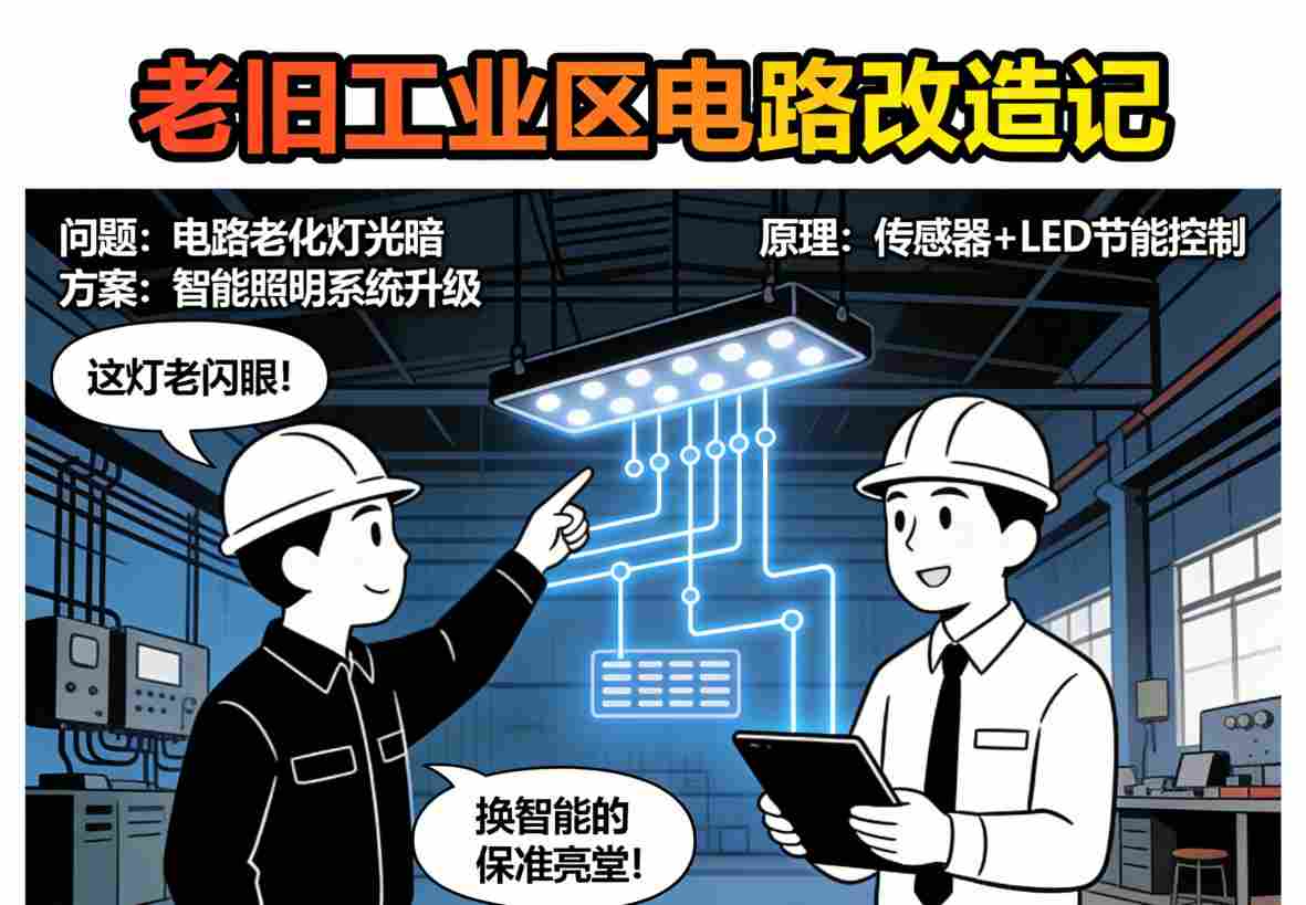 老旧工业区照明整体改造施工过程 换线安装LED灯