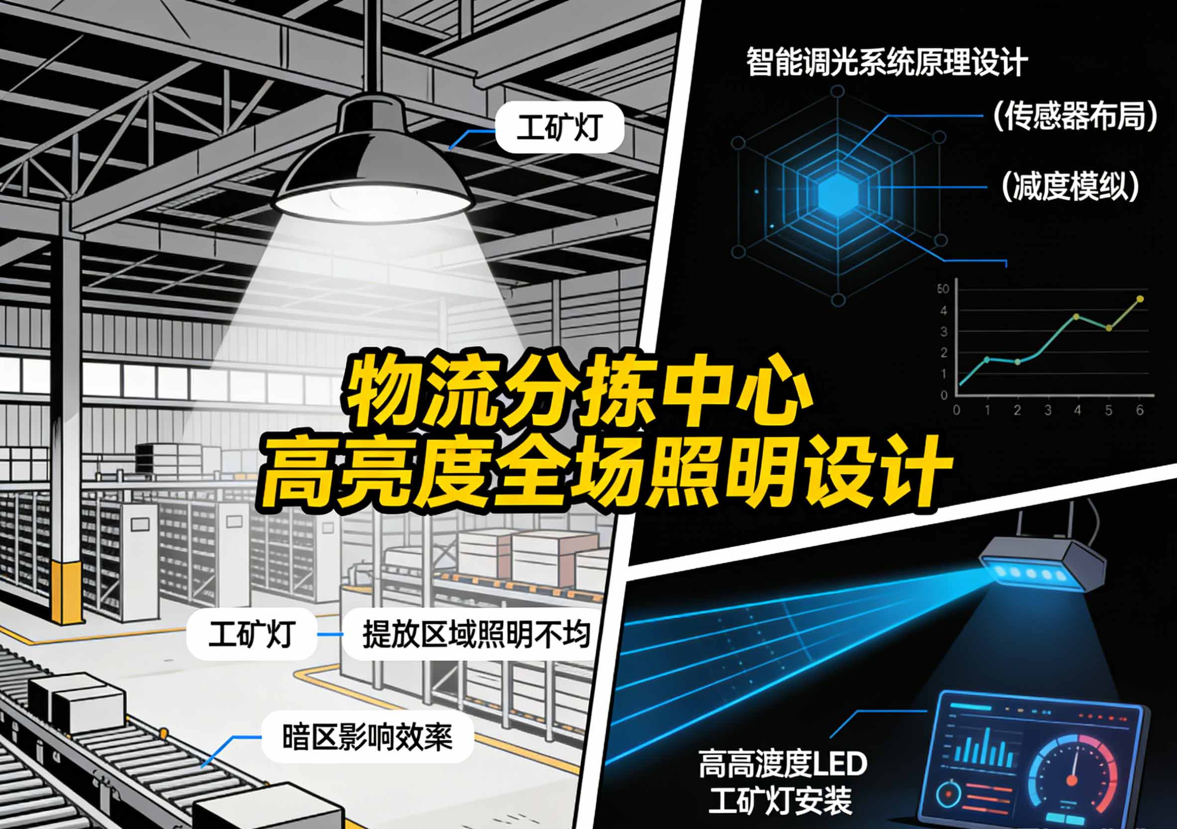 物流分拣中心高亮度全场照明设计全景图