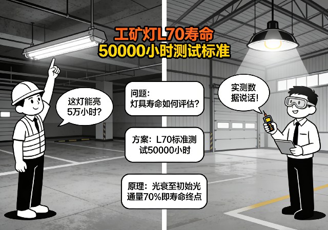 工矿灯L70寿命测试实验室环境与光衰曲线示意图