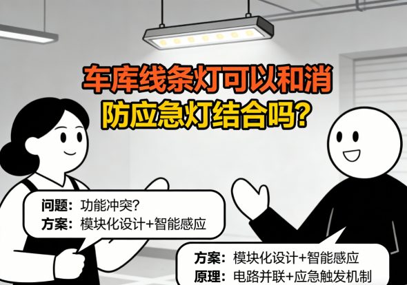 车库线条灯与消防应急灯共存实景图 现代车库照明设计