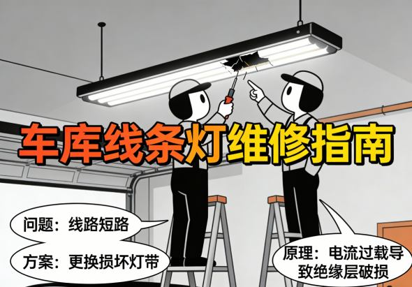 维修师傅检修损坏的车库线条灯 检查线路和灯具结构
