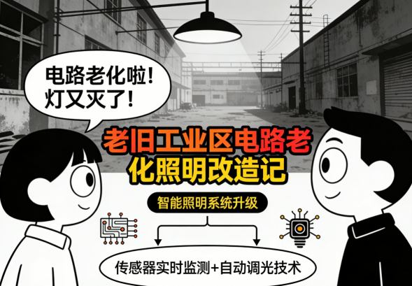 老旧工业区电路老化照明问题实拍图 电线杂乱灯光昏暗