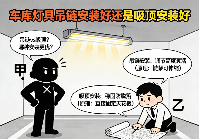 车库灯具吊链安装与吸顶安装效果对比图