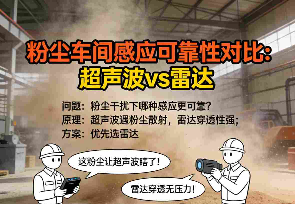 超声波与微波雷达信号在粉尘介质中传播效果的原理对比示意图
