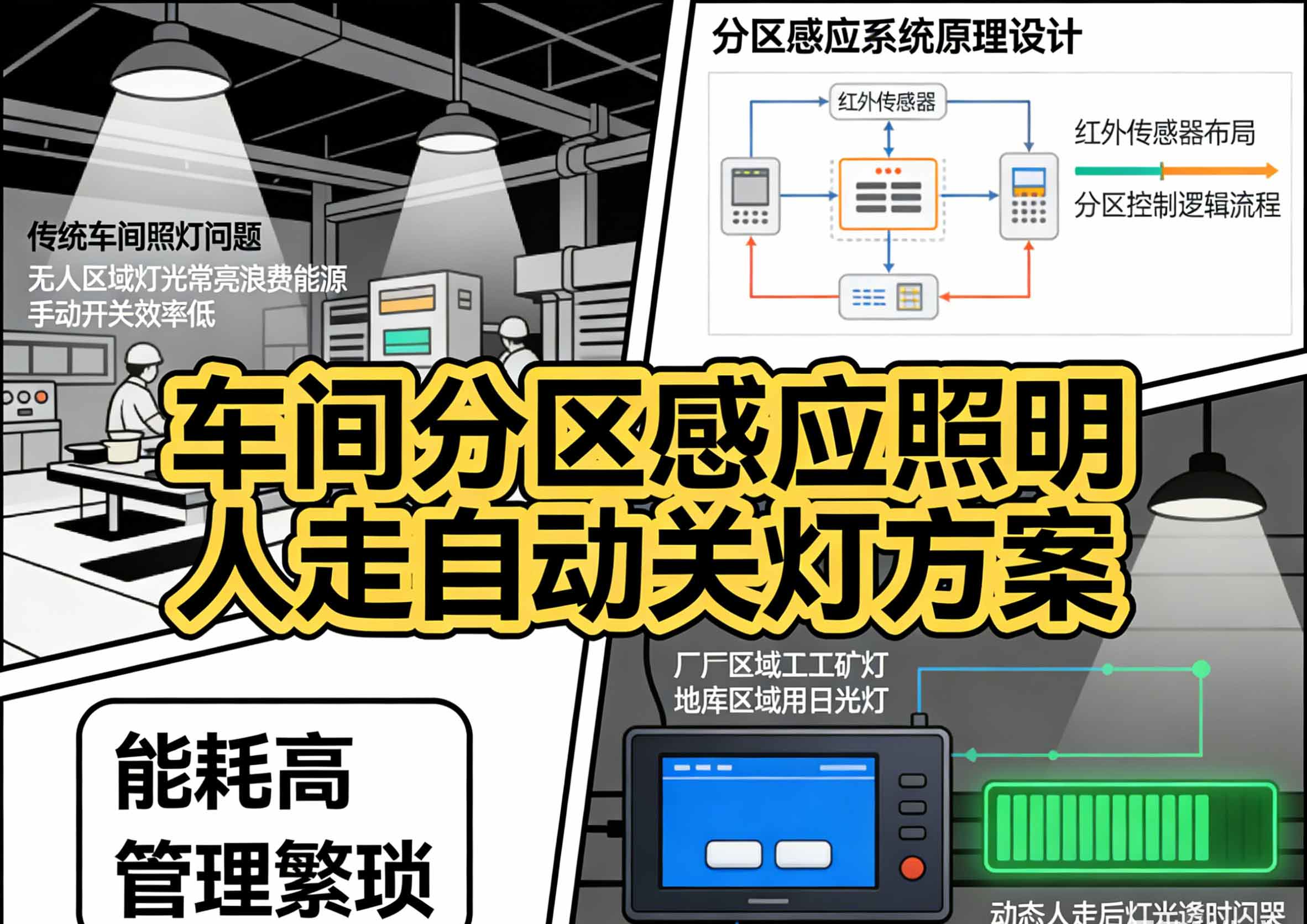 车间分区感应照明系统布局示意图
