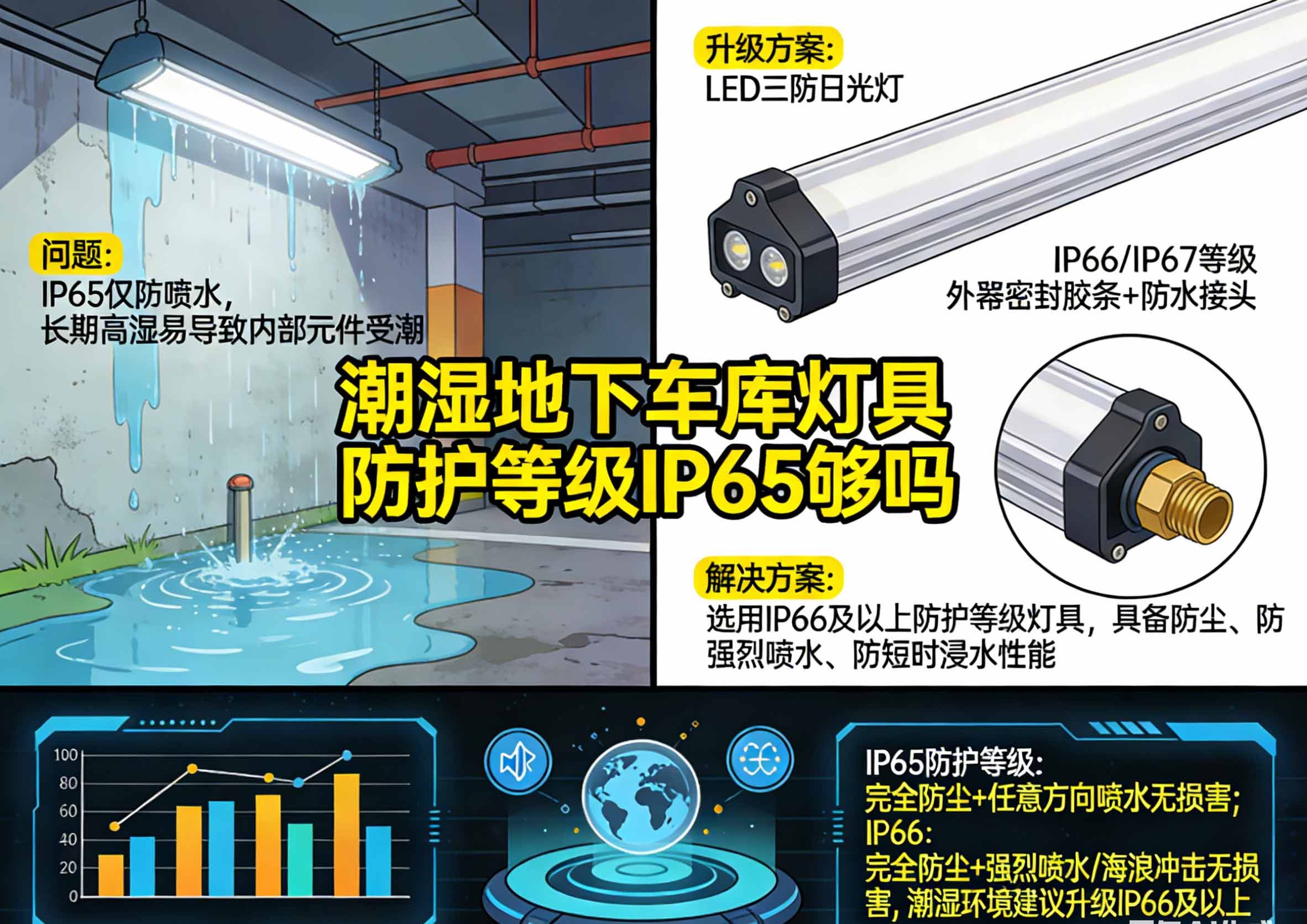 潮湿地下车库灯具防护等级IP65够吗