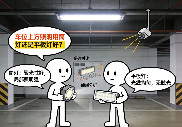 车位上方筒灯与平板灯对比示意图