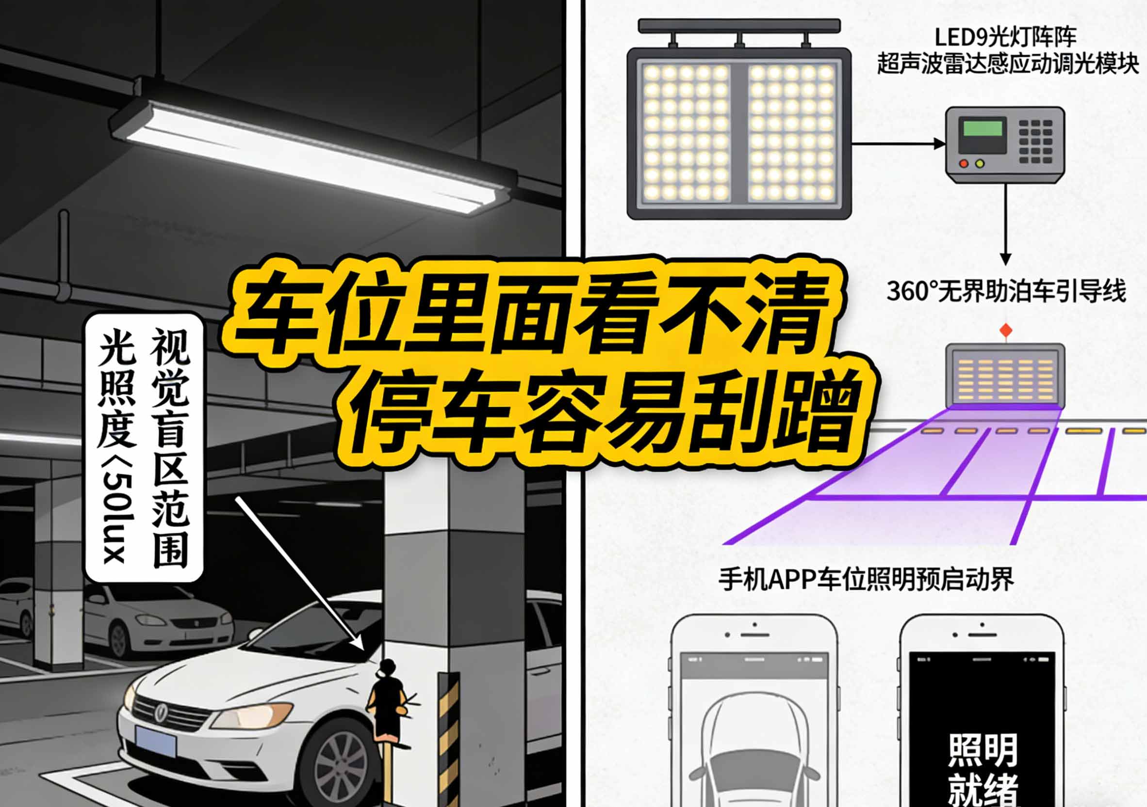 车位专用定向照明安装效果与对比图