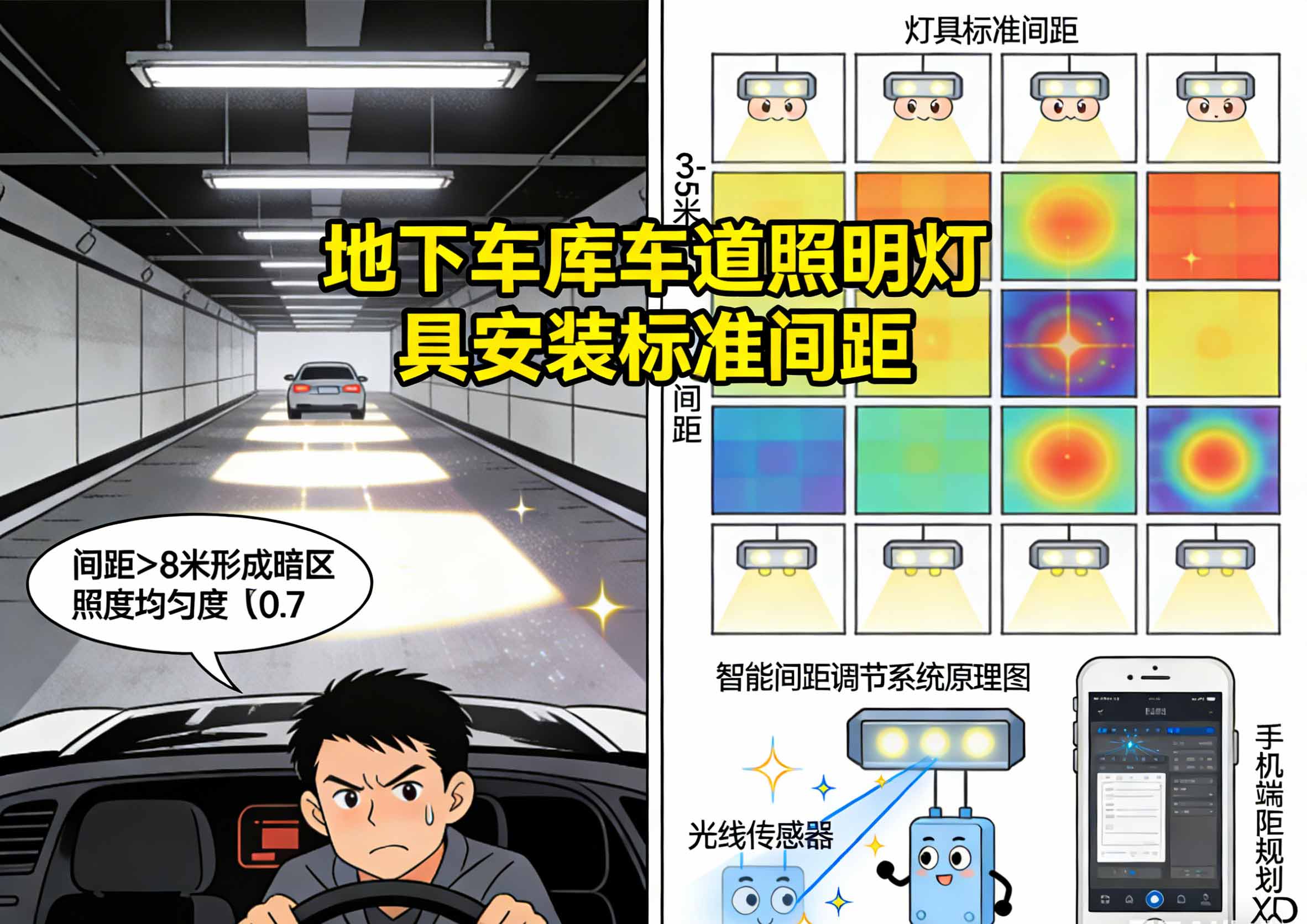 地下车库车道照明灯具间距布局示意图