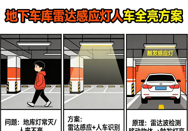 地下车库雷达感应灯人车来全亮方案系统图示