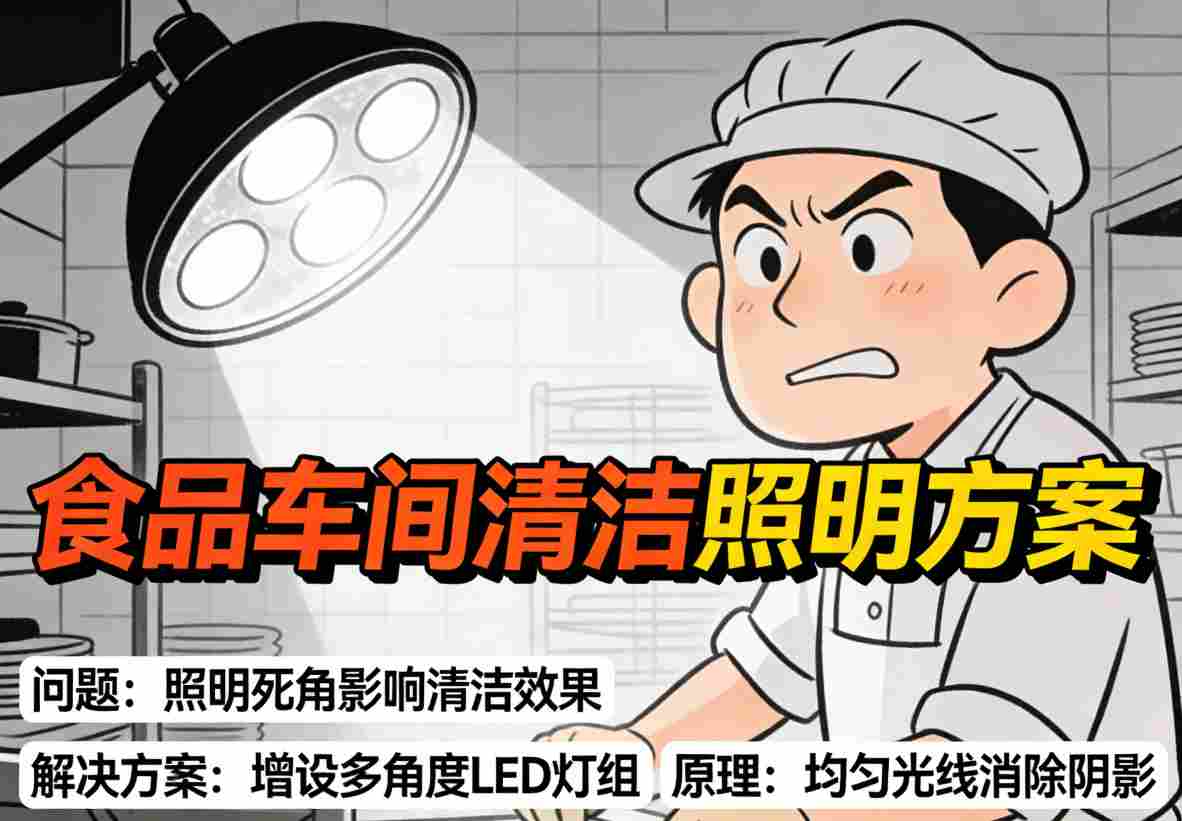 食品车间高强度全覆盖照明灯具安装细节特写 显示IP66防护结构