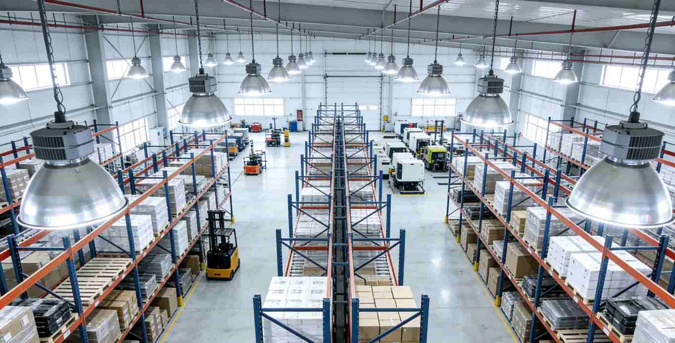 仓储区智能照明实拍 货架光线均匀