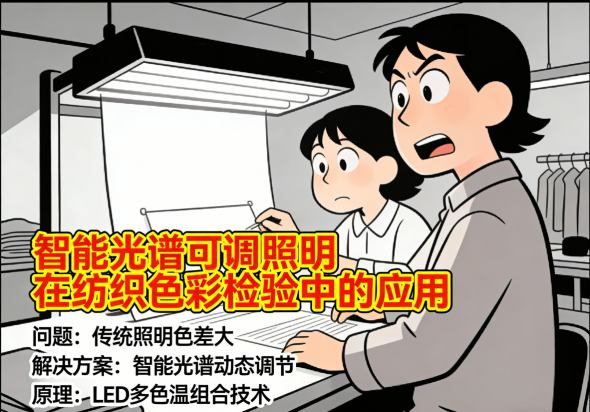 纺织车间智能光谱可调照明整体效果展示 显示明亮均匀的检验区域