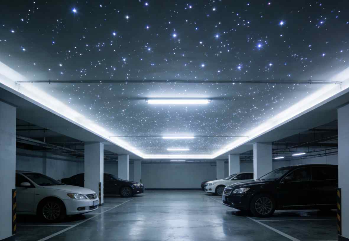 地库星空灯智能照明效果对比-传统地库昏暗场景