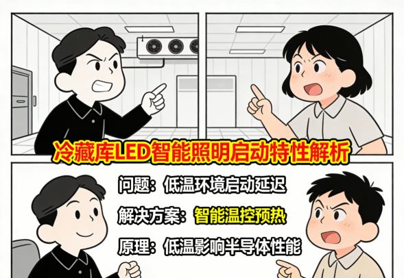 冷藏库智能照明安装调试现场，工人穿着防护服作业
