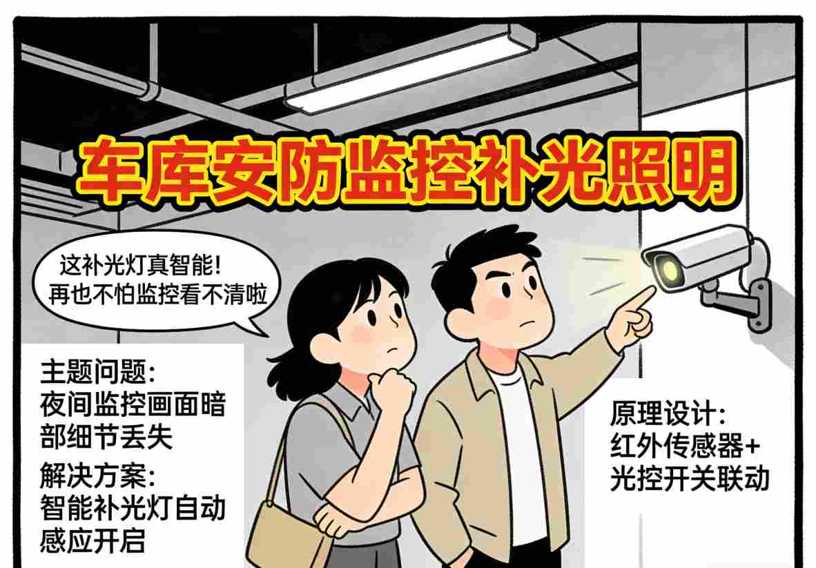 车库智能补光灯解决夜间监控画面黑暗模糊问题