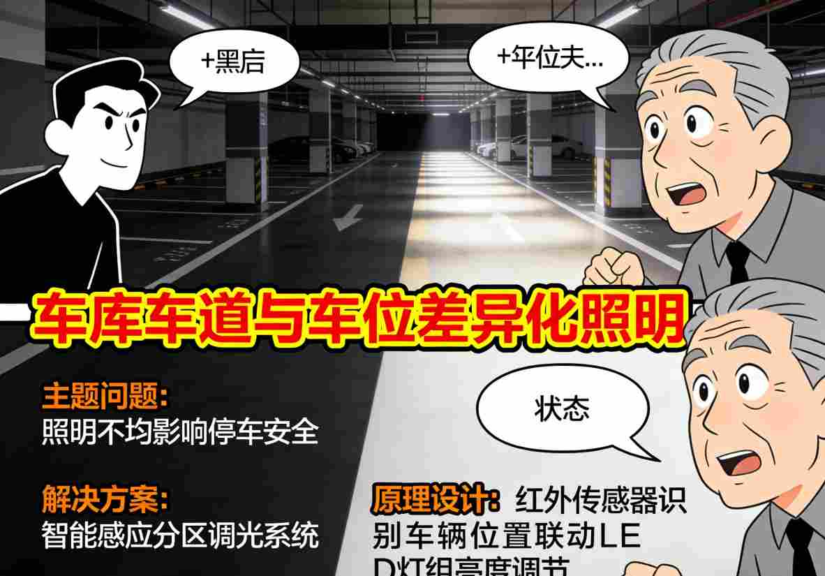 车库车道与车位照明安装位置和光束角度设计图