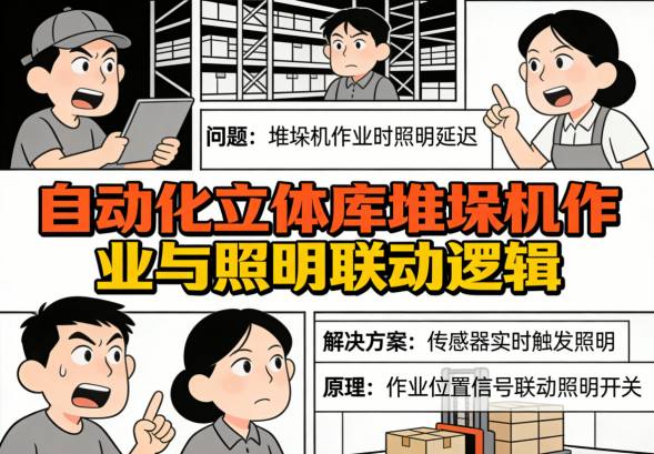 自动化立体库堆垛机与照明联动逻辑示意图四：能效对比与成果