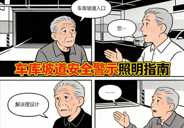 车库坡道入口昏暗环境与潜在危险示意图