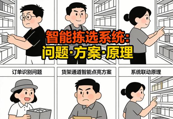 按拣选订单智能点亮对应货架和拣选通道示意图 显示系统工作流程