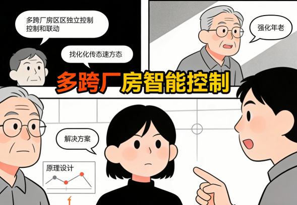 传统多跨厂房照明控制不便与能源浪费示意图