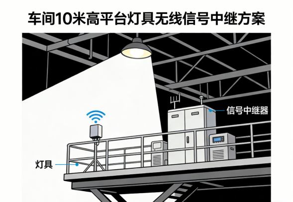 无线信号中继方案 车间10米高平台灯具实拍1 中继节点安装
